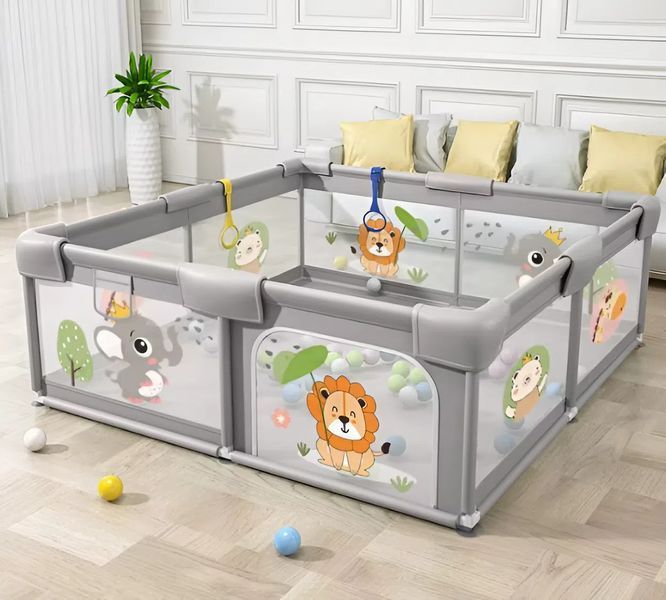 Дитячий манеж Terrio Lion S 120х120 см Сірий з двома ручками і 60 різнокольоровими м'ячами TQ-318S фото