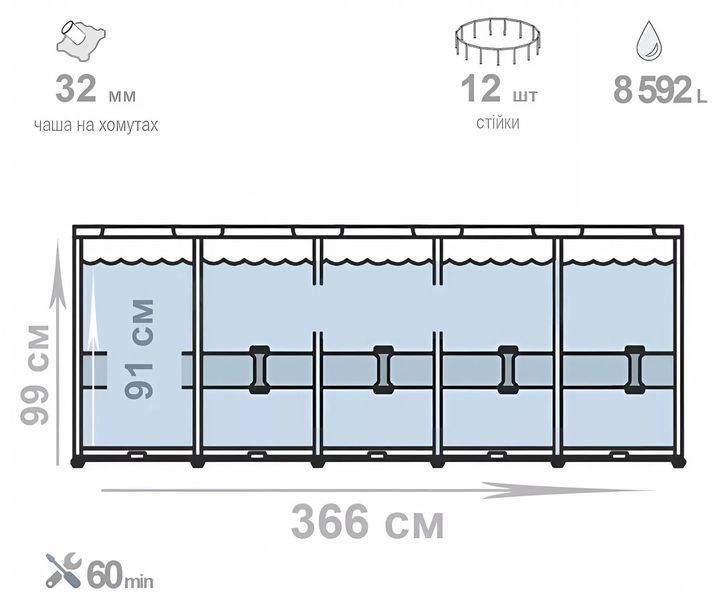 Каркасный бассейн Intex 26716 (99*366 см., объем: 8592 л., фильтр 2006 л/ч, стремянка) 26716 фото