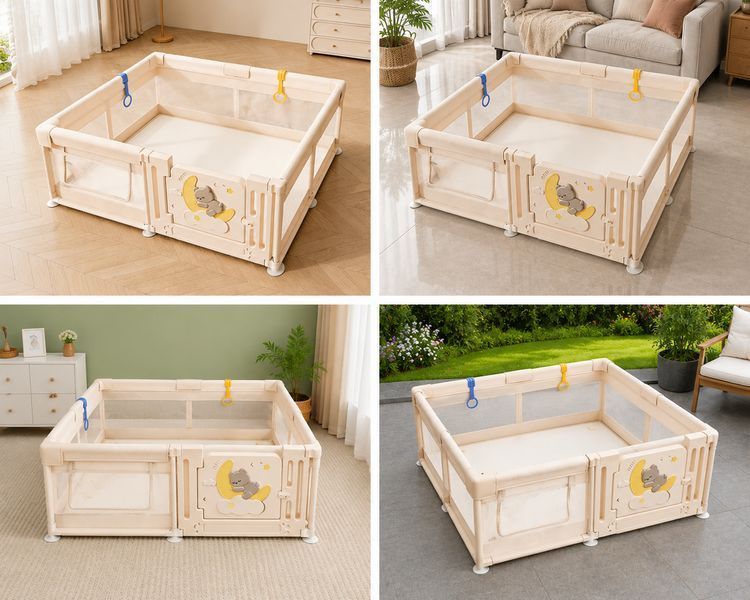 Дитячий манеж Terrio Moon Bear XL 180х200 см з пластиковими дверима, двома ручками і 60 різнокольоровими м'ячами TQ-331KXL фото