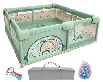Детский манеж Terrio Dinosaur L 150х180 см Салатовый с двумя ручками и 60 разноцветными мячами TQ-313Z фото
