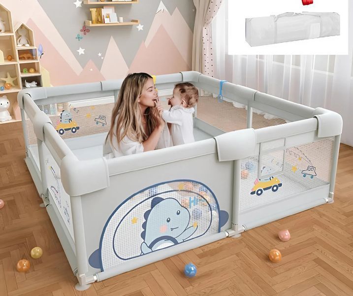 Детский манеж Terrio Dinosaur L 150х180 см Салатовый с двумя ручками и 60 разноцветными мячами TQ-313Z фото
